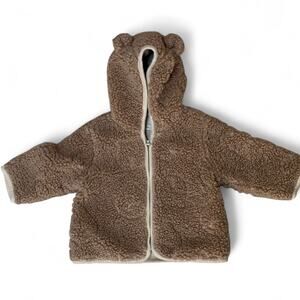 BABY GAP Brown Teddy Bear Hooded Sherpa Jacket 3-6 Months Zip Up